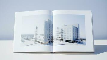 Open magazine with modern and minimalist building and blue sky. 3d rendering. photo