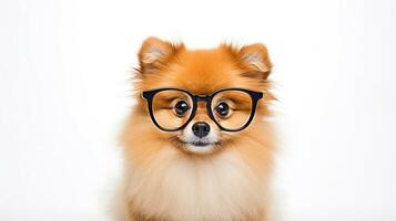 Photo of a Pomeranian dog using eyeglasses isolated on white background. Generative AI