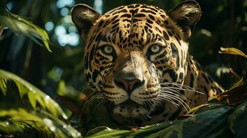 Close-up photo of a Jaguar looking any direction on jungle. Generative AI