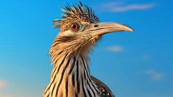 Photo of a Roadrunner in a Desert with blue sky. Generative AI