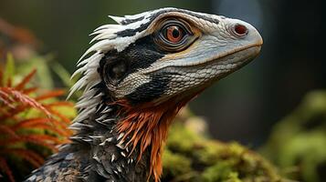 Close-up photo of a Velociraptor looking in their habitat. Generative AI