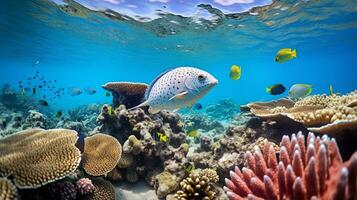 Photo of Flounder with various fish between healthy coral reefs in the blue ocean. Generative AI