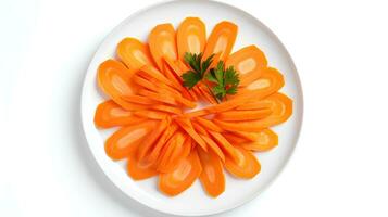 foto de Zanahoria rebanado piezas en blanco plato aislado en blanco fondo.generativo ai