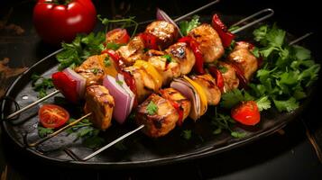 foto de pollo kebabs como un plato en un gama alta restaurante. generativo ai