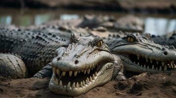 Photo of a herd of Nile Crocodile resting in an open area on the Savanna. Generative AI