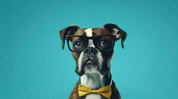 Boxer perro utilizando lentes en azul antecedentes. generativo ai foto