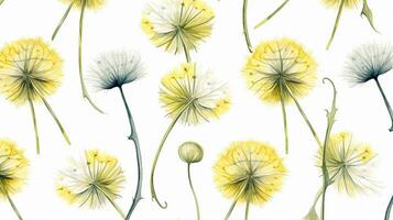 Seamless pattern of Dandelion flower in watercolor style isolated on white background. Dandelion flower texture background. Generative AI photo