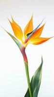 Photo of beautiful Bird of Paradise flower isolated on white background. Generative AI