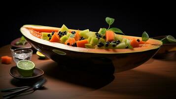 Photo of Papaya Boat with Lime as a dish in a high-end restaurant. Generative AI