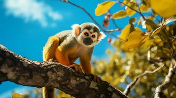 foto de ardilla mono en El r bosque con azul cielo. generativo ai