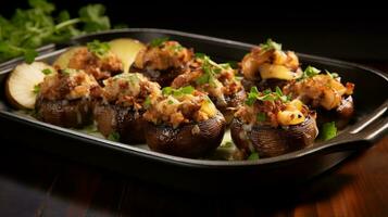 Photo of Sausage and Apple Stuffed Mushrooms as a dish in a high-end restaurant. Generative AI