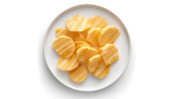 Photo of Rutabaga sliced pieces on minimalist plate isolated on white background. generative ai