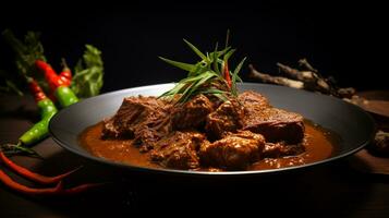 foto de carne de vaca rendang como un plato en un gama alta restaurante. generativo ai