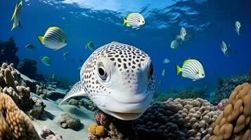 Photo of Pufferfish with various fish between healthy coral reefs in the blue ocean. Generative AI