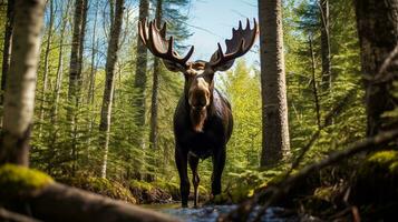 Photo of Moose in ther forest with blue sky. Generative AI