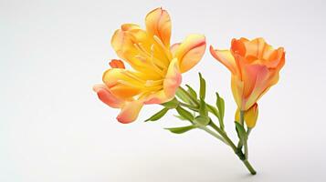 Photo of beautiful Freesia flower isolated on white background. Generative AI