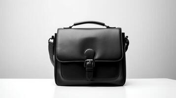 Photo of Minimalist black leather female bag isolated on white background.