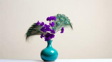 Photo of Peacock flower in pot isolated on white background. Generative AI