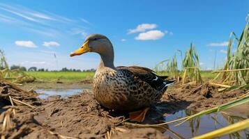 Photo of a Duck in the Farmland. Generative AI