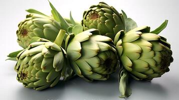 Photo of Artichokes isolated on white background.