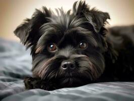 Portrait of Affenpinscher lying on bed. generative ai photo