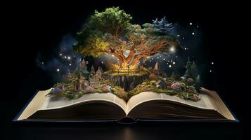 Mystical forest. Opened book with magic tree on dark background. Generative AI photo