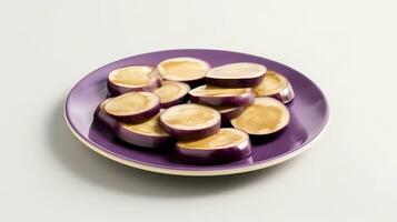 Photo of Eggplant sliced pieces isolated on white background. generative ai