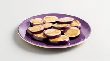 Photo of Eggplant sliced pieces isolated on white background.