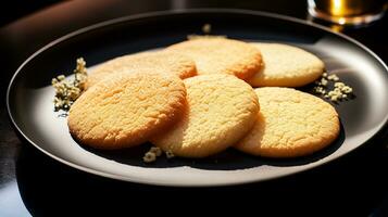 Photo of Sugar Cookies as a dish in a high-end restaurant. Generative AI