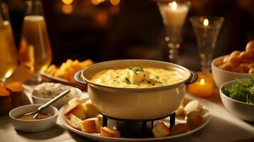 foto de queso fondue como un plato en un gama alta restaurante. generativo ai