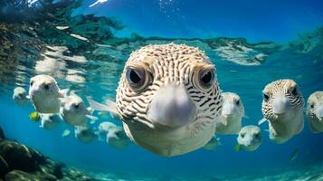 Photo of Pufferfish with various fish between healthy coral reefs in the blue ocean. Generative AI