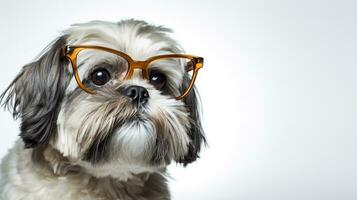 Photo of a Shih Tzu dog using eyeglasses isolated on white background. Generative AI