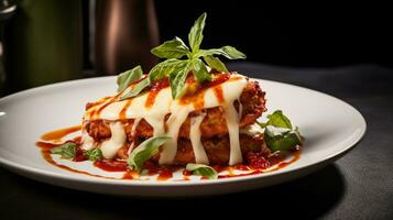 Photo of Chicken Parmesan as a dish in a high-end restaurant. Generative AI