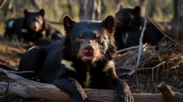Photo of a herd of Tasmanian Devil resting in an open area on the Savanna. Generative AI