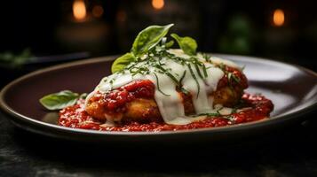 Photo of Chicken Parmesan as a dish in a high-end restaurant. Generative AI