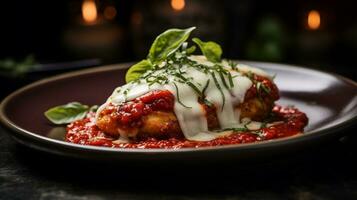 foto de pollo parmesano como un plato en un gama alta restaurante. generativo ai