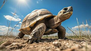 Photo of a Tortoise under Blue Sky. Generative AI