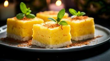 foto de piña-coco barras como un plato en un gama alta restaurante. generativo ai