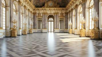 Photo of the room featuring the interior design of the Palace of Versaille, France. Generative AI