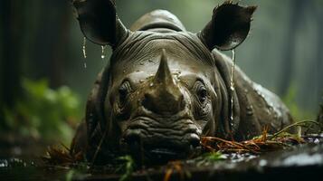 Close-up photo of a Rhinoceros looking any direction on jungle. Generative AI