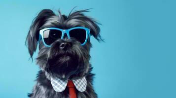 foto de arrogante affenpinscher perro utilizando lentes y oficina traje en azul antecedentes. generativo ai