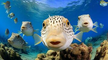 foto de pez globo con varios pescado Entre sano coral arrecifes en el azul océano. generativo ai