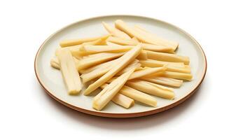 Photo of Bamboo shoots sliced pieces isolated on white background. generative ai