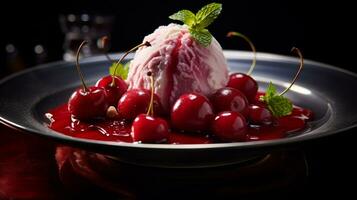 Photo of Cherry Ice as a dish in a high-end restaurant. Generative AI