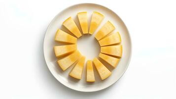 Photo of Rutabaga sliced pieces on minimalist plate isolated on white background. generative ai