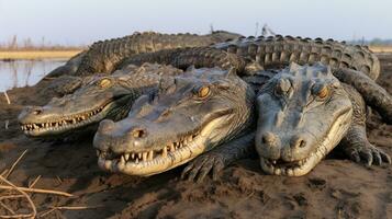 Photo of a herd of Caiman resting in an open area on the Savanna. Generative AI