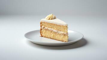 Photo of a slice of blondie cake on a white plate. Generative AI