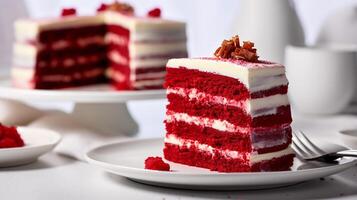 Photo of slice of red velvet on white plate. Generative AI