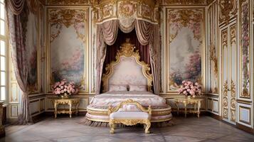 Photo of the bedroom of the Palace of Versaille, France. Generative AI