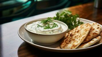 Photo of Tzatziki and Pita as a dish in a high-end restaurant. Generative AI